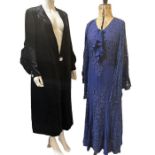 A 1930s black velvet opera coat, a 1930s lace gown in French navy with matching jacket,  two 1920s
