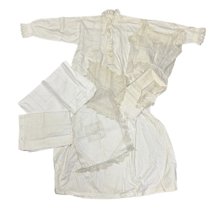 Antique whites to include a 19th century nightgown with hand cutwork design, a linen nightie case