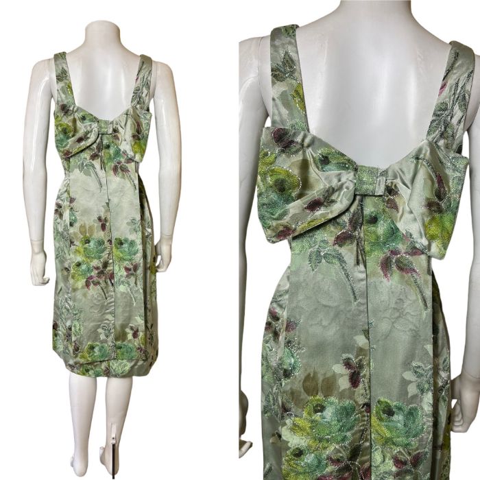 Four vintage dresses to include 1 50s/60s in a green rose motif brocade with twinkling iridescent - Image 2 of 3