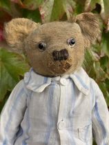 Chad Valley Fine antique teddy bear 16” tall, in striped wartime linen pyjamas and a cream and