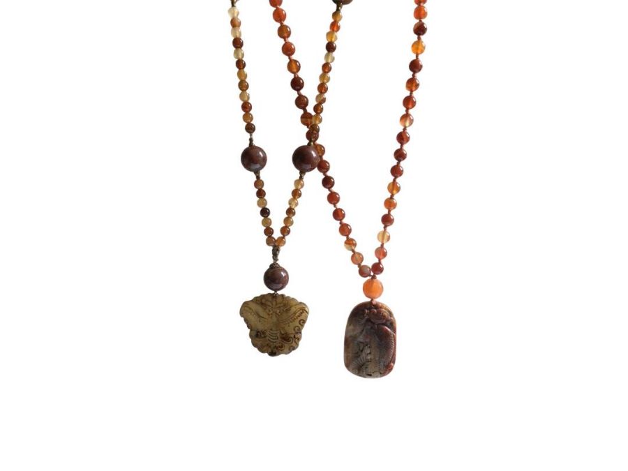 Two vintage Chinese agate sautoir necklaces, probably 1920s. One is hand knotted with a carved - Image 2 of 2