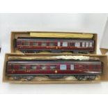 Antique Bassett Lowke Train Carriages O gauge Pair of Train carriages LMS dark Maroon Livery boxed