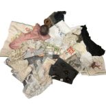 A collection of antique and vintage lace, an irish crochet baby bonnet sequinned trims including