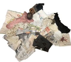 A collection of antique and vintage lace, an irish crochet baby bonnet sequinned trims including