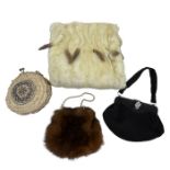 A 1930s ermine muff along with a vintage fur purse, a 1930s crepe evening purse with paste clasp and