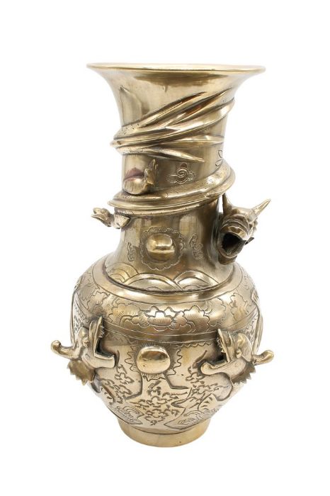 A collection of metal ware to include; a tall modern layered Dragon designed brass vase, engraved - Image 2 of 7