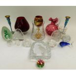 A collection of 20th Century glass wares including coloured paperweight figures