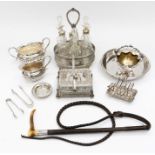 A small collection of silver plated items to include; a toast rack, milk jug, sugar bowl, butter