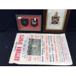 A 1955 Chester Autumn Sports poster, framed, Coat of Arms and two private school badges, framed