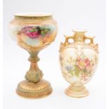 Two early 20th century Royal Worcester blush ivory vases with hand-painted floral and gilt