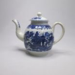 A Penningtons Liverpool  blue and white porcelain teapot and cover. Two figures on a bridge pattern