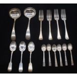 A collection of various silver flatware to include; a pair of Sheffield silver ladles by John