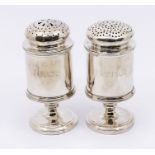 A pair of George III condiments, cylindrical bodies on raised feet with pierced covers, both