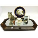A collection of china and porcelain wares along with collectable teddy bears and a wall mirror