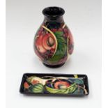 Moorcroft: A Queen's Choice patterned pen tray together with same patterned vase, both signed/marked