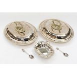 A pair of Asprey plated oval entree dishes, covers and handles together with a plated bonbon dish,