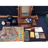 A mixed collectors' lot containing walking sticks, swing mirror, vintage boxed items, children's