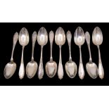 A set of ten late 19th Century German 800 standard silver ornate table spoons, the reverse with