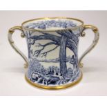 Shelley - A large two handled loving cup, with blue and white transfer printed Hunting scene