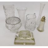 A collection of cut glass vases, rose bowls, silver topped condiments, jugs, tankards etc.