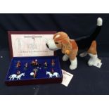 A soft toy Steiff beagle with tags and button, together with a boxed set of Britain's The Royal