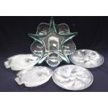A collection of Arcoroc comprising 4 Art Deco oyster plates and 5 fish plates, together with a large