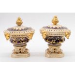 A pair of potpourri pots, One Derby, with same design but not matching covers (one with reproduction
