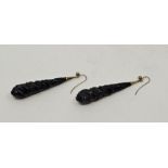 A pair of Victorian carved jet drop earrings, with yellow metal mount, drop approx. 7.5cm.
