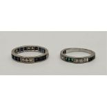 A precious white metal, diamond and sapphire set eternity ring, pave set rows of three round cut