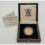 An Elizabeth II 1996 gold proof sovereign coin, 2105/7500, in capsule and Royal Mint case of issue