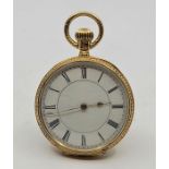 A Victorian 18ct. gold open faced pocket watch, crown wind, having white enamel Roman numeral