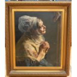 W Walls (19th Century) Devotion - portrait of an elderly Lady praying, she wears white bonnet,