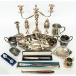 A collection of silver plate, EPNS etc to include: candlebra, flatware, butter dish and stand,
