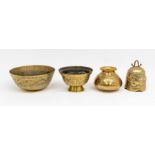 A Chinese brass dragon and phoenix offerings bowl, circa 1900, 23cm diam and a footed bowl, 18.5cm