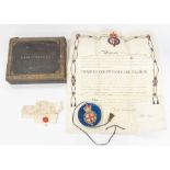 An early Victorian Order of the Garter Seal presentation box with manuscript bestowing the honour to
