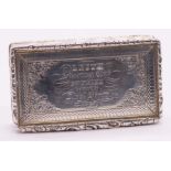 An early Victorian silver presentation snuff box, reeded sides with cast ornate border, the cover