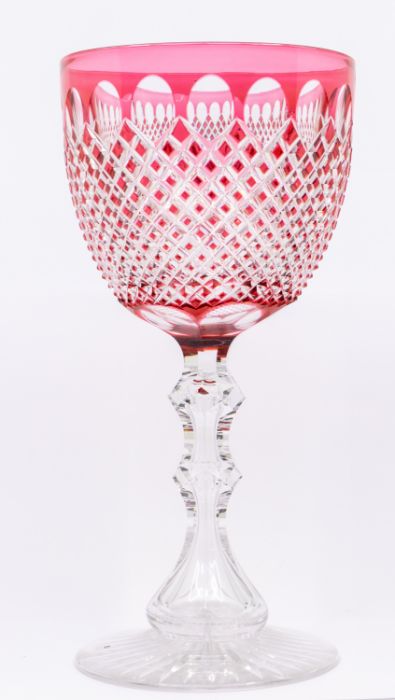 A large Bohemian ruby and clear glass hob nail cut goblet, on knopped stem, the base with astragal - Image 2 of 4