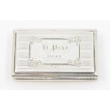 A Victorian silver compressed casket shaped snuff box, engine turned with Regency stripe decoration,