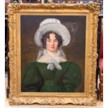 Victorian School Portrait of Matilda Currie aged 28, wearing black dress and white bonnet oil on