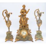 An 8 day French gilt metal and faux marble mantle clock and urn garnitures . With 3" dial