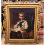 English School (late 19th Century) Portrait of a young boy, wearing sailor suit seated and reading