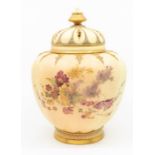 A Royal Worcester large blush ivory pot pourris, lid and domed cover, of lobed tapered form,