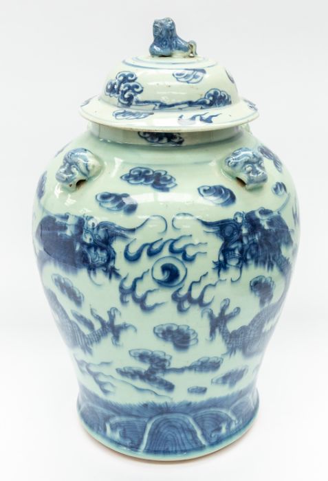 An 18th Century Chinese blue and white large baluster jar and cover, painted with two sky dragons