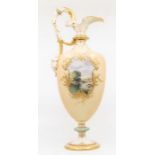 A Royal Worcester blush ivory ewer, shape no: 789, shield shaped body painted with cattle drinking
