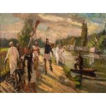 English School (early 20th Century) River scene with rowers, artist's sketch oil on canvas, 53 x