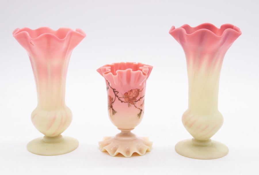 A collection of early 20th Century opaline glass to include: an urn shaped vase painted with prunus,