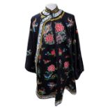 A late 1930s' traditional style Chinese robe in deep navy with a design of floral art - geraniums,