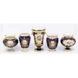 Five early 20th Century Royal Crown Derby posy vases, cobalt blue bodies, three painted with