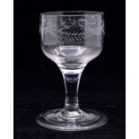 An 18th Century wine glass, the ogee bowl etched with a band of stylised fern leaves, plain tapering