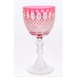 A large Bohemian ruby and clear glass hob nail cut goblet, on knopped stem, the base with astragal